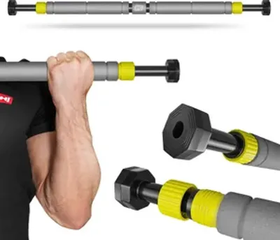 Produktbild von Hop-Sport Klimmzugstange HS-M050DP für Türrahmen mit Befestigungssystem auf 8 Druckpunkte, verstellbarer Länge und Sicherheitsspannhebel, Türreck, Turnstange,  gelb-grau
