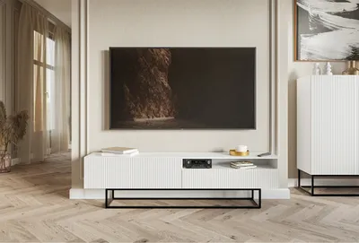 Produktbild von Selsey Veldio - TV-Lowboard mit offenem Fach, weiß mit schwarzem Metallgestell, 175 cm