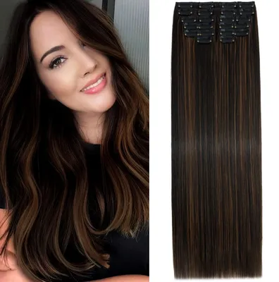 Produktbild von Clip in Extensions 56 cm 12-teilig Glattes Haar Synthetik Dunkelbraun & Hellrotbraun