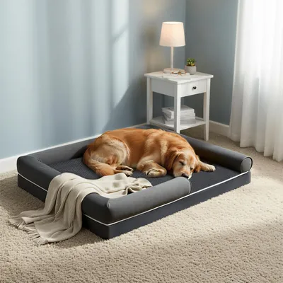 Produktbild von FEANDREA Orthopädisches Hundebett, Hundekissen, erhöhte Ränder, Bezug abnehmbar und waschbar, rutschfest, dunkelgrau