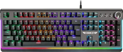 A black mechanical gaming keyboard with RGB lighting.