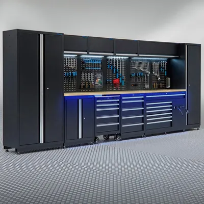 Produktbild von Werkstatteinrichtung PREMIUM mit Eichenarbeitsplatte - 490 cm lang