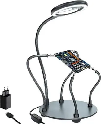 Immagine prodotto di Lampada da ingrandimento LED Unyqoos®: 3 lenti da 9 cm, 4 bracci flessibili, 4,5W/28 LED, dimmeraggio a 6 livelli, alimentazione USB, base in acciaio stabile con diametro di 18 cm, inclusa l'alimentatore