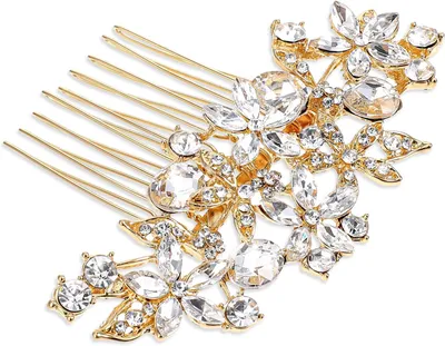 Produktbild von Brauthaarkamm mit Strasssteinen und glitzernden Kristallblumen - Dekoratives Haaraccessoire für Frauen und Mädchen (Gold)