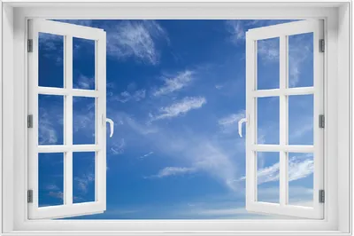 Produktbild von Wallario Wandbild mit Fenster-Illusion: Blauer Himmel mit vereinzelten Wolken, Größe: 61 x 91,5 cm, Poster mit weißem Aluminiumrahmen