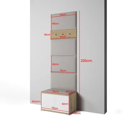 Produktbild von Garderoben-Set Aura version 6 mit Schuhregal und Polsterplatten, Ideal für Flur und Eingangsbereich (Weiß / Eiche Artisan, Trinity 03)