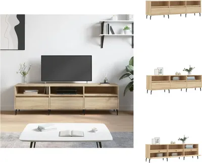 A living room scene with a TV stand and a coffee table.
