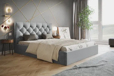 Obrázek produktu pro Čalouněná postel s úložným prostorem 180x200 Molly – kovový rošt, ložnicová postel – designová postel, velurová látka šedá