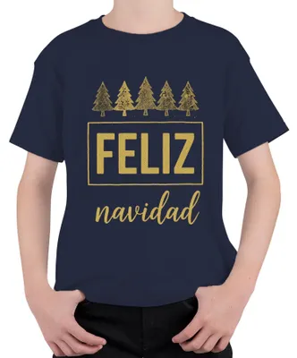 Produktbild von FELIZ navidad Weihnachten Weihnachtsbaum Gold Glitzer Geschenk Kinder T-Shirt, Navy, 140