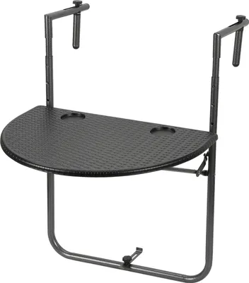 Image de Table de balcon suspendue Table de jardin suspendue pliable 64x60x83.5cm avec 3 hauteurs réglables, plateau 60x40 cm, en optique rotin, noir