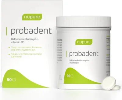 A product shot of a Nupure probadent bottle and its packaging.