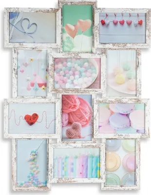 A collage of a distressed white multi-photo frame displaying various pastel-colored, heart-themed images.