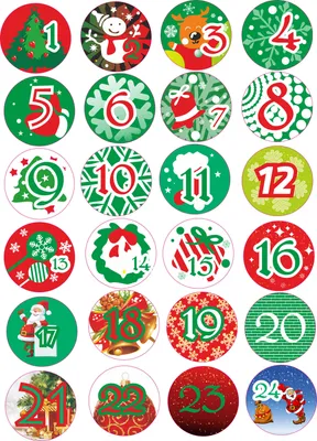 Produktbild von INDIGOS UG - rund 30x30mm - Aufkleber für Adventskalender 1 to 24 - bunt - Vintage Style - Labels - Stickers - Weihnachtskalender - Weihnachten - Advent - rund - zum Aufkleben