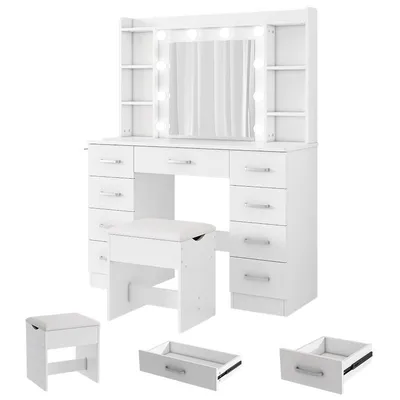 Produktbild von ZELURXX Schminktisch Weiß 110×40×145 cm mit LED-Spiegel, 10 Lichtern, USB-Anschluss, Hocker, Föhnhalter, 9 Schubladen, Hollywood Make-up Tisch für Schlafzimmer