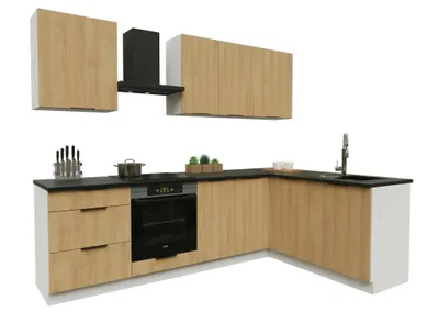 Produktbild von Eckküche - 260x170 cm - Hicora-Eiche - 8 Küchenschränke - mit schwarzer Arbeitsplatte - moderne Küchenmöbel-Set - BONO