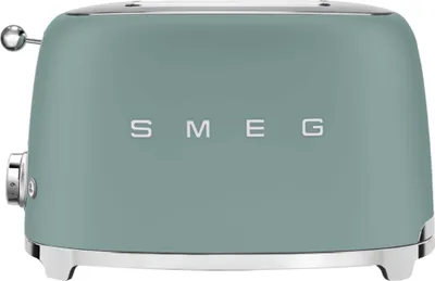 A front view of a green SMEG toaster on a white background.