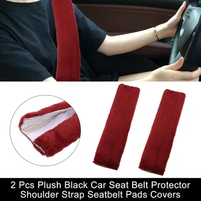 Image de 2Pcs Peluche Voiture Siège Ceinture Protecteur Coussinet Doux Housse Vin Rouge