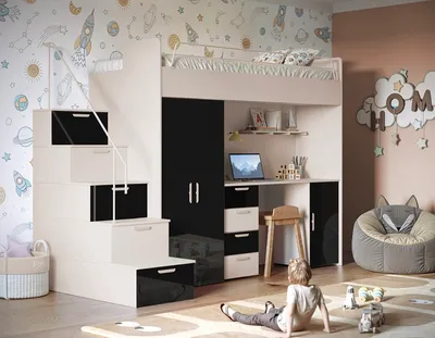 Produktbild von Etagenbett TOMI 4s, Hochglanz Kinderbett Hochbett, OHNE Matratze und Lattenrost (Cashmere + Schwarz, Glanz)