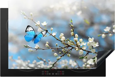 Produktbild von KitchenYeah© Herdabdeckplatte Sakura - Schmetterling - Frühling , 81x52cm, Küche Deko, Glaskeramikkochfeld Herdabdeckung, Abdeckplatte fùr Kochfeld