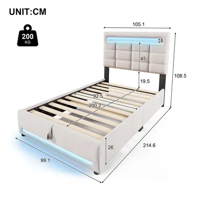 Immagine prodotto di okwish Letto per ragazzi con materasso 90×200 cm, struttura in tessuto di lino, letto imbottito con porta USB e illuminazione a LED, beige