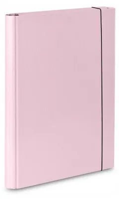 A pink document folder with a black elastic band.
