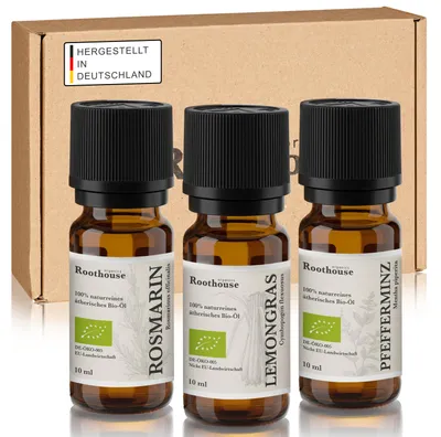 Produktbild von Roothouse-Organics® 3er Set - Focus und Konzentration - Rosmarin + Lemongras + Pfefferminz - 100% naturreine ätherische Bio Öle -