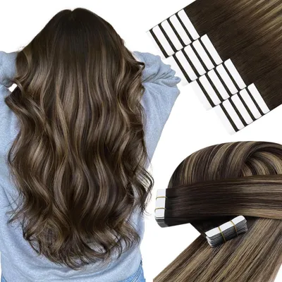Immagine prodotto di Estensioni per capelli a nastro, capelli naturali, effetto ombre, lunghezza 60 cm, colore marrone scuro con balayage biondo, peso 50 grammi, tonalità 4/4/27