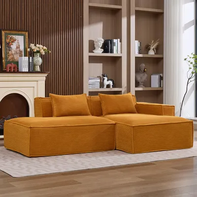 Produktbild von LVHOM Modulsofa Cordstoff 233cm, Bodentiefes Loungesofa 2-Sitzer mit Recamiere, Pflegeleichte Couch für Wohnzimmer, Ohne Montage, Gelb