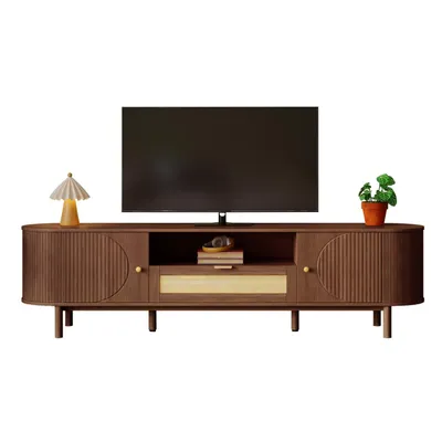 Produktbild von Moderner TV-Schrank , Rattan-Schubladen ,offenen Fächern, abgerundeter Tischplatte, Metallbeinen in Holzoptik, multifunktionales Wohnzimmermöbel.