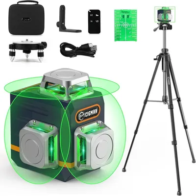 A set of laser leveling tools including a laser level, tripod, remote control, and accessories, displayed on a white background.