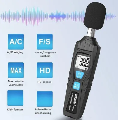Obrázok produktu pre Profesionálny merač hluku – Prenosný merač hluku – rozsah 30 dB až 130 dB – s LCD displejom – pre domácnosti, továrne a ulice