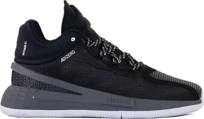 A studio shot of a single black Adidas D Rose 11 basketball shoe against a white background.