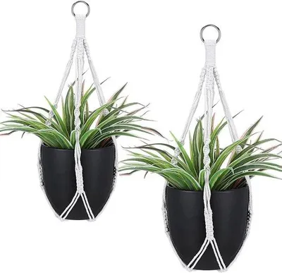 Produktbild von Pflanzenampel-Set – 2-teiliger Boho-Hängekorb für die Innendekoration – Geflochtener Blumentopfhalter aus Baumwolle ohne Quasten, mit Metallhakenringen für die Wohnkultur, im Innen- und Außenbereich