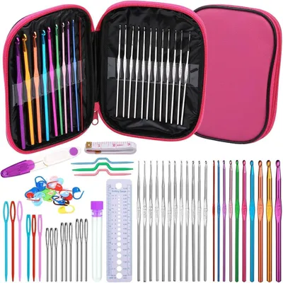 Productafbeelding van Set van 60 haaknaalden met opbergdoos, ergonomische breinaalden, markeringen, doe-het-zelf gereedschap voor beginners, roze