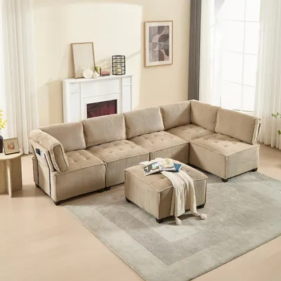 Image de OKWISH Canapé Modulable 6 Places - avec Rangement et Accoudoirs Coussinés, Canapé Design en Velours Côtelé Kaki