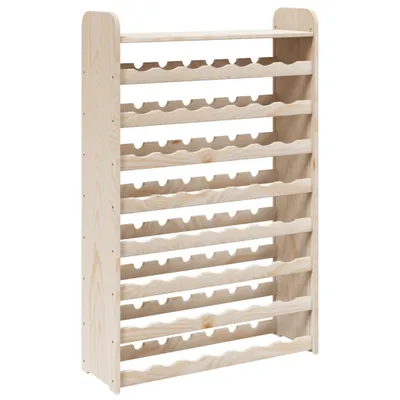 A light-colored wooden wine rack with multiple shelves.