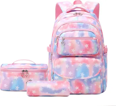 Produktbild von Schulrucksack Mädchen 3 Stk mit Lunchtasche Federmäppchen, Atmungsaktives Leichtgewicht Schultasche Teenager Mädchen, rosa