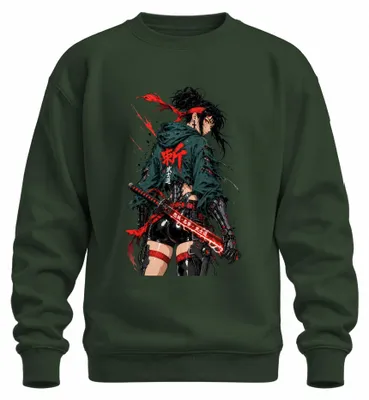Produktbild von Cyberpunk Samurai Kriegerin Katana Japan Anime Y2K Ronin Sweatshirt Pullover, Flaschengrün, XL