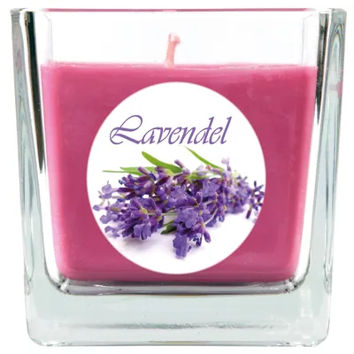 Image de Bougie parfumée en verre à la lavande, 8 x 7,5 cm – Bougie carrée avec couvercle, durée de combustion d'environ 50 heures, décoration d'intérieur et idée cadeau