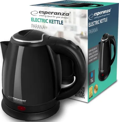 A black electric kettle and its packaging.
