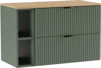 A product shot of a green cabinet with a wooden top and gold handles.