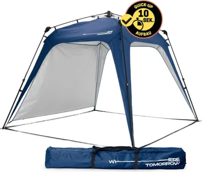 A blue pop-up pavilion is shown set up, with its carrying bag displayed in front of it.