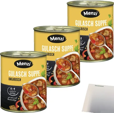 Produktbild von Menzi ungarische Gulaschsuppe EXTRA konzentriert 1:1 3er Pack (3x800ml Dose) + usy Block