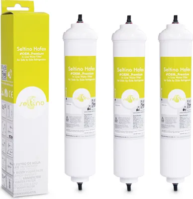 A product shot of three water filters and their packaging.