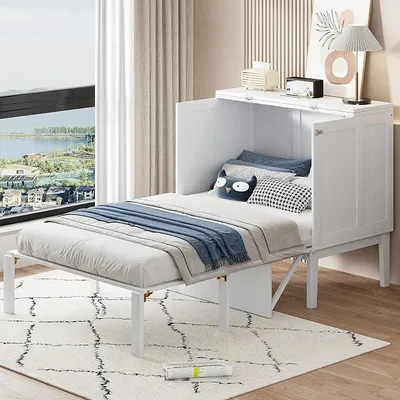 Produktbild von Schrankbett Murphy Bett 90x200 cm, Kinderbett Wandbett Wandklappbett Bettschrank vertikales Schrankbett mit Lattenrost, Tresen wird zum Bett, Platzsparendes Einzelbett Jugendbett Funktionsbett, Weiß