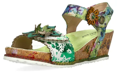 Produktbild von Laura Vita Damen Sandalette Leder Blüten Keilabsatz in Korkoptik Beclindao 26, Größe:38 EU, Farbe:Grün