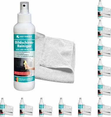 Produktbild von 12 Stück HOTREGA Bildschirmreiniger LCD/Plasma & TFT 250 ml, Microfasertuch SET mit Anti-Statik-Schutz