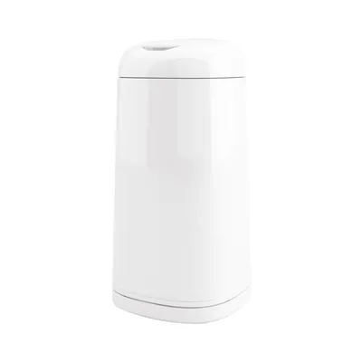 A white diaper pail is shown against a white background.
