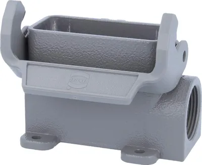 Produktbild von HARTING Han 10A Sockelgehäuse hoch, 1xM25 seitlicher Kabelabgang, mit 1 Längsbügel Verschraubung M25 Klemmbereich 9,0mm