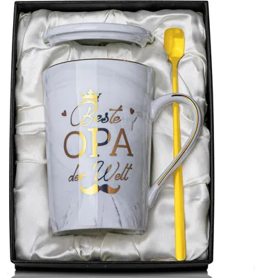 Productafbeelding van Koffiemok, cadeau voor opa, verjaardag, Vaderdag, grijs, marmerlook, 400 ml, met deksel en lepel